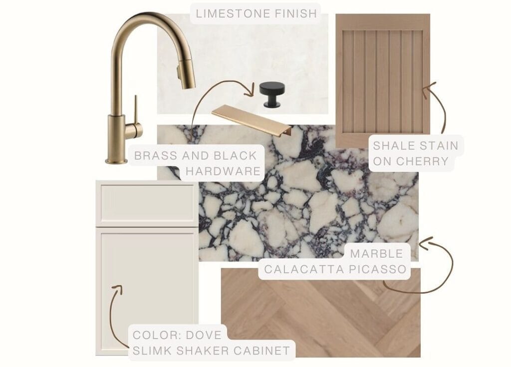 examples of designs for tiles, finishes, cabinets, and plumbing fixtures